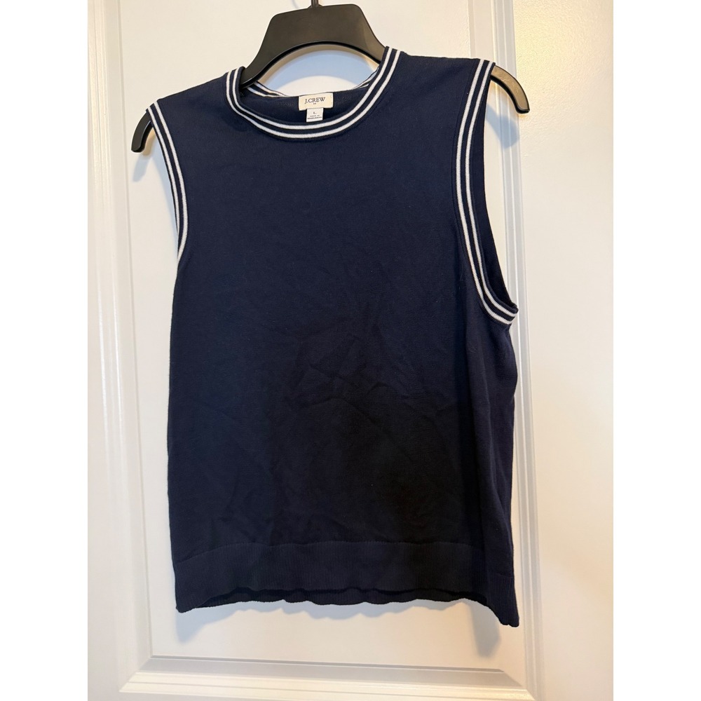 J.Crew Sweater Vest Womens Large Navy Blue Excellent Striped Trim Cotton Knit